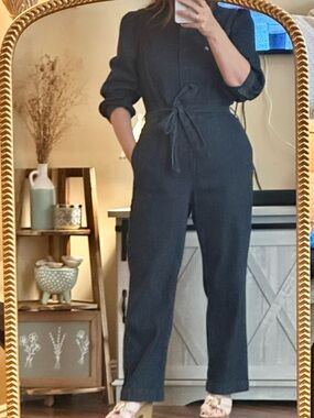Faherty Charlotte Denim Long Sleeve Dark Wash Puff Sleeve Belted Jumpsuit